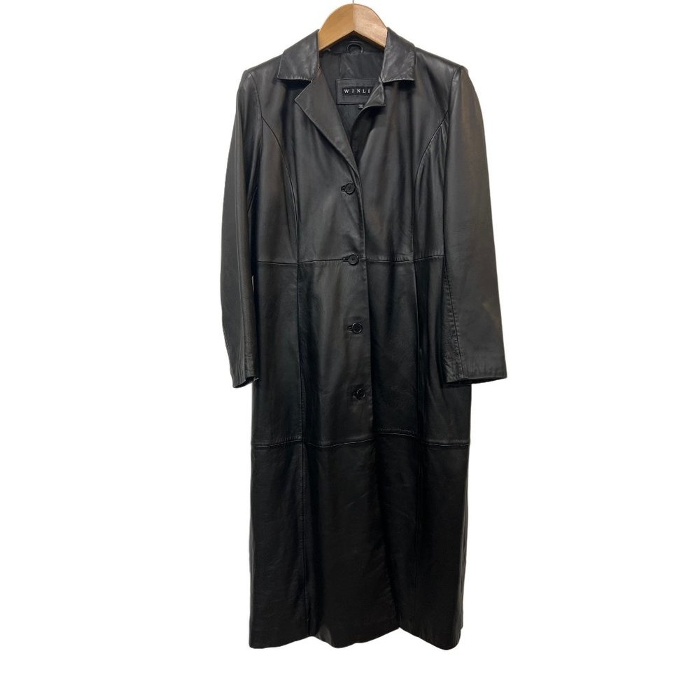 Winlit Solid Black Leather Jacket Long Coat Soft … - image 7
